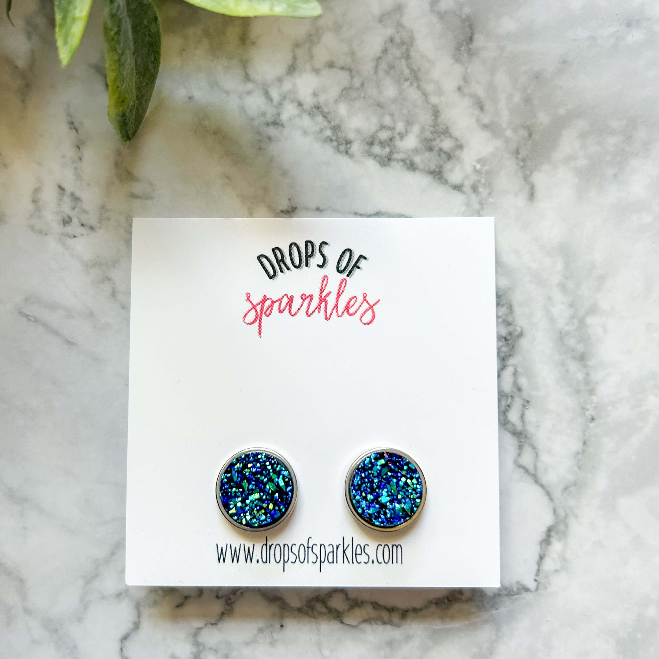 Druzy stone stud earrings blue rainbow