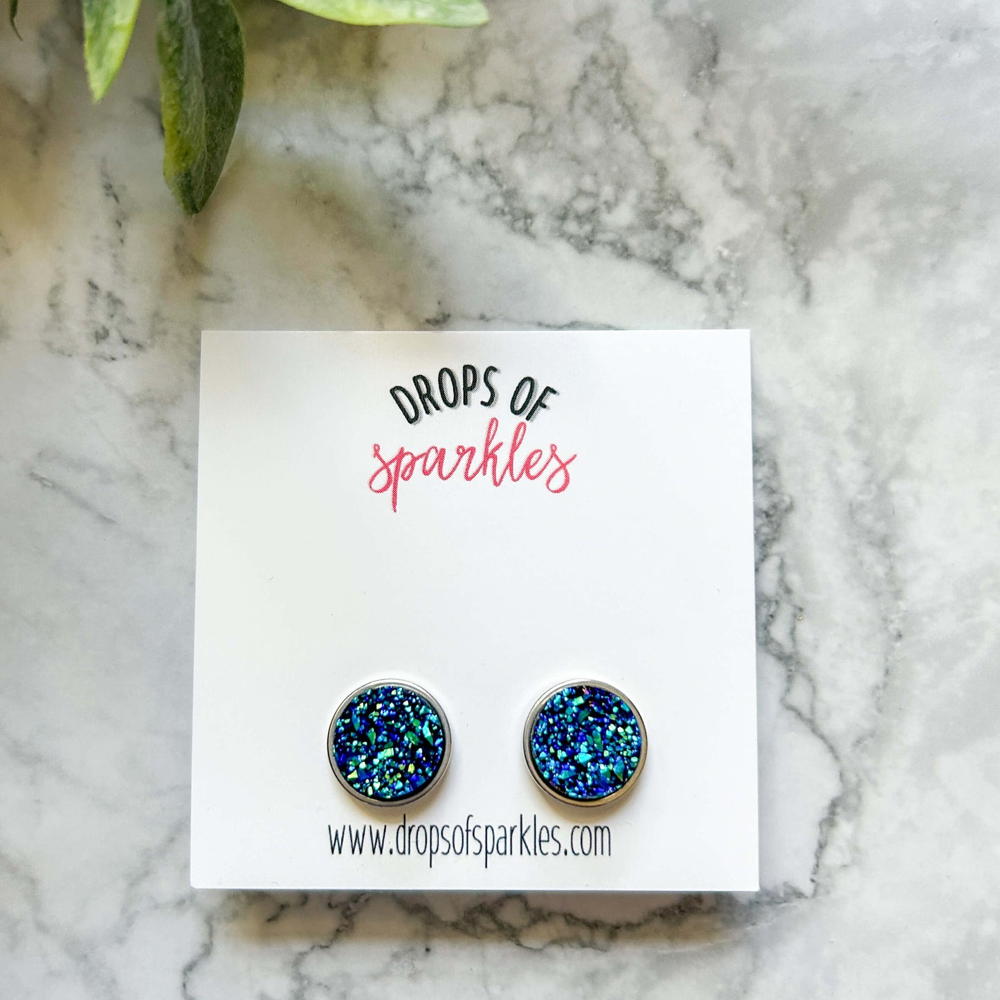 Druzy stone stud earrings - blue rainbow